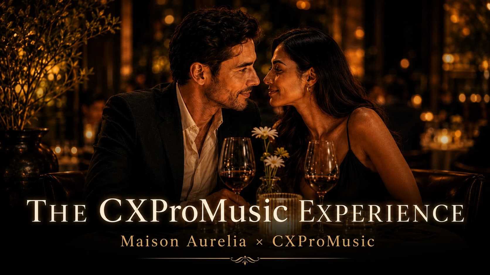 A couple leaning close at a candlelit table in a warm, low-lit dining room, with the film title set over the image: The CXProMusic Experience, Maison Aurelia and CXProMusic.