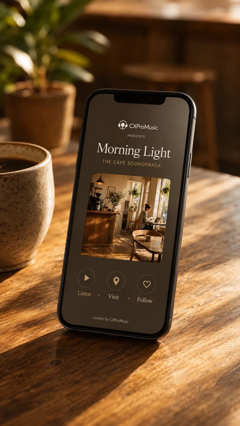 The café digital destination open on a phone at a table.