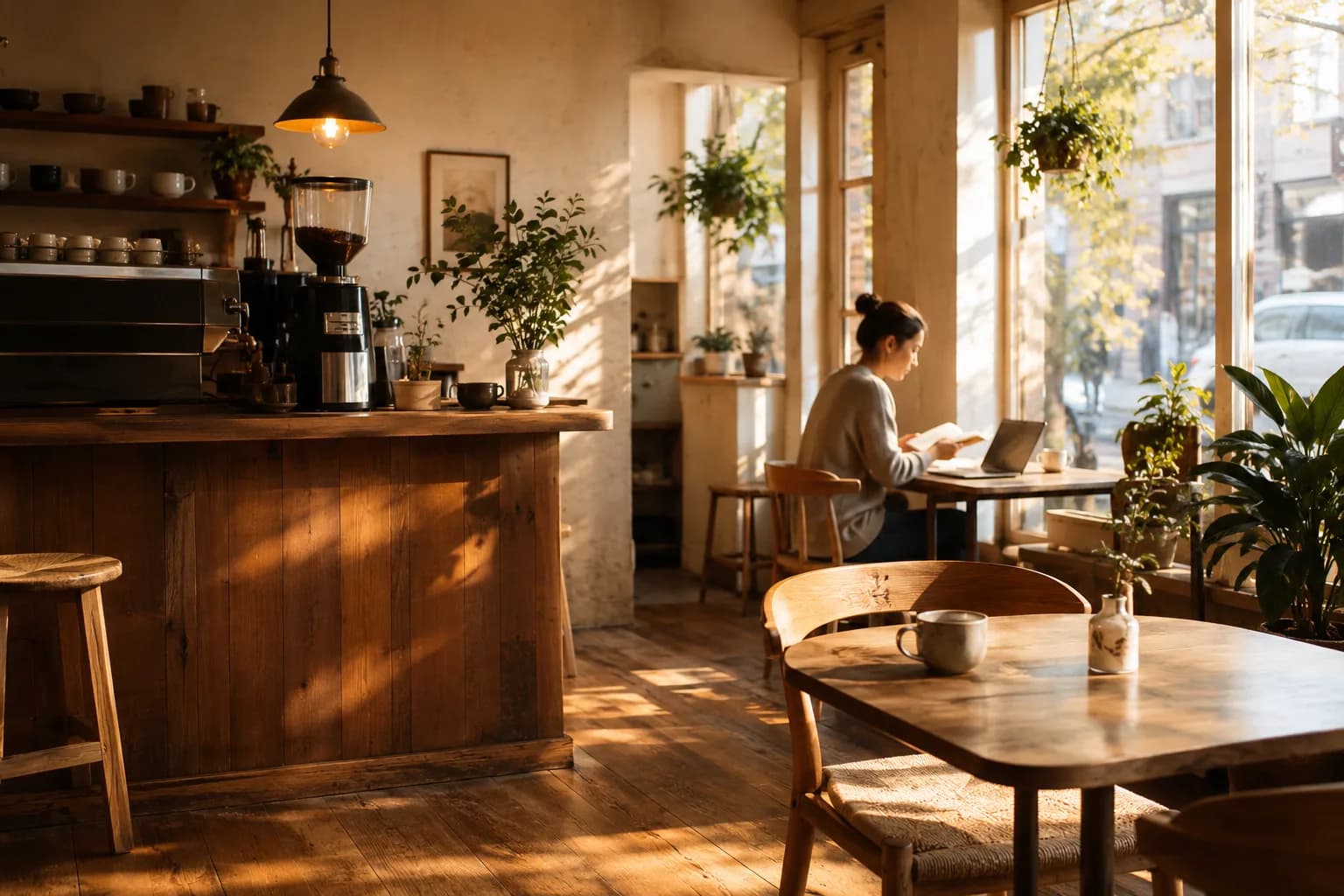A warm boutique café in morning light, with a counter and small tables.