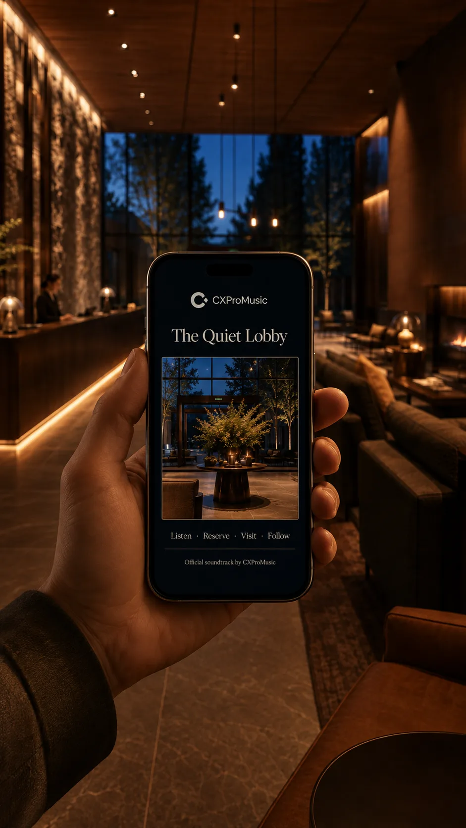 The hotel digital destination open on a phone, with reserve and follow actions.