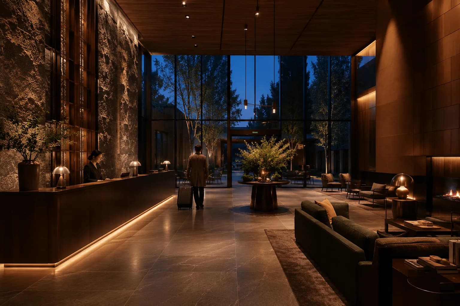 The lobby of a luxury boutique hotel at dusk, softly lit.