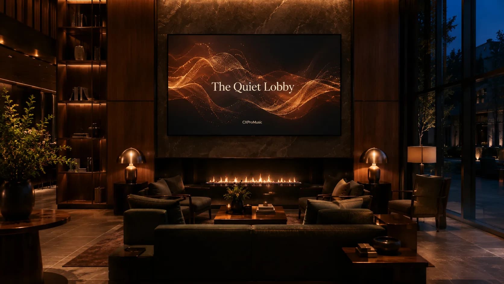 A lounge display showing the hotel soundtrack visual.