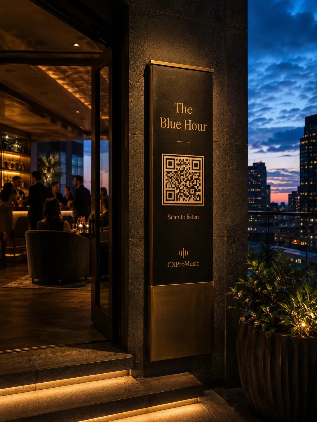 A signature QR banner at the entrance to a rooftop lounge.