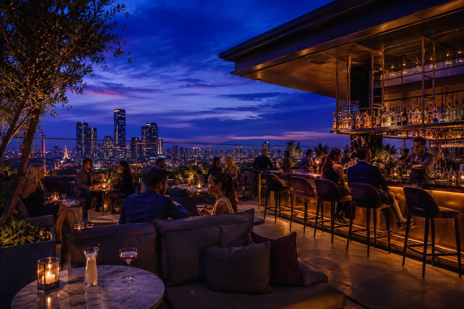 A rooftop lounge at blue hour, city light behind low seating.