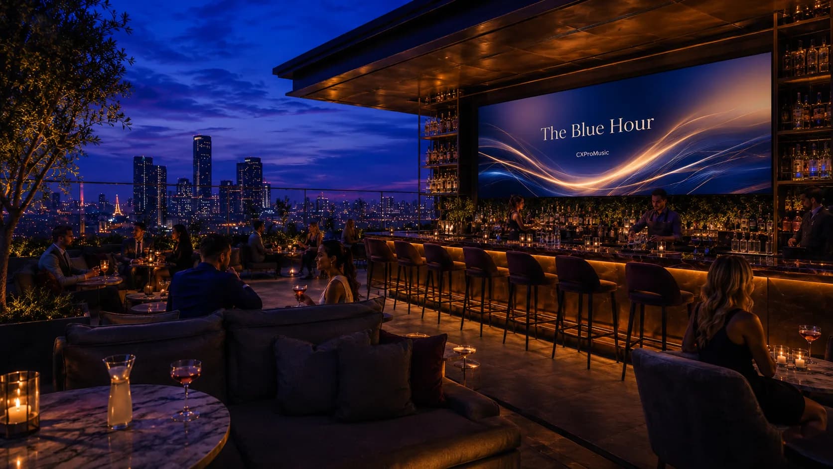 A cinematic soundtrack visual on a lounge display.