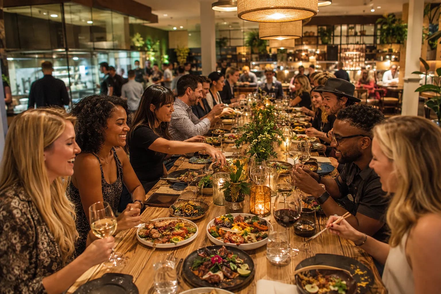 A busy, brightly lit restaurant with a large group at a long shared table.