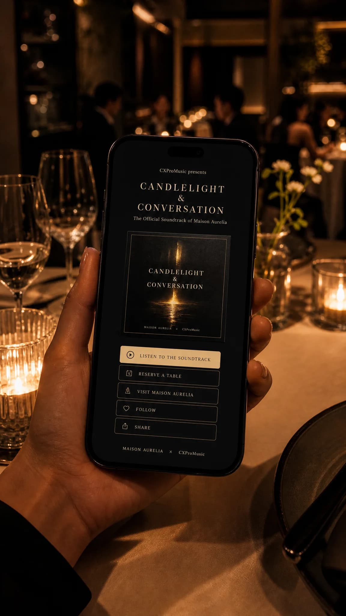 The hosted digital destination open on a phone, showing the soundtrack and artwork.