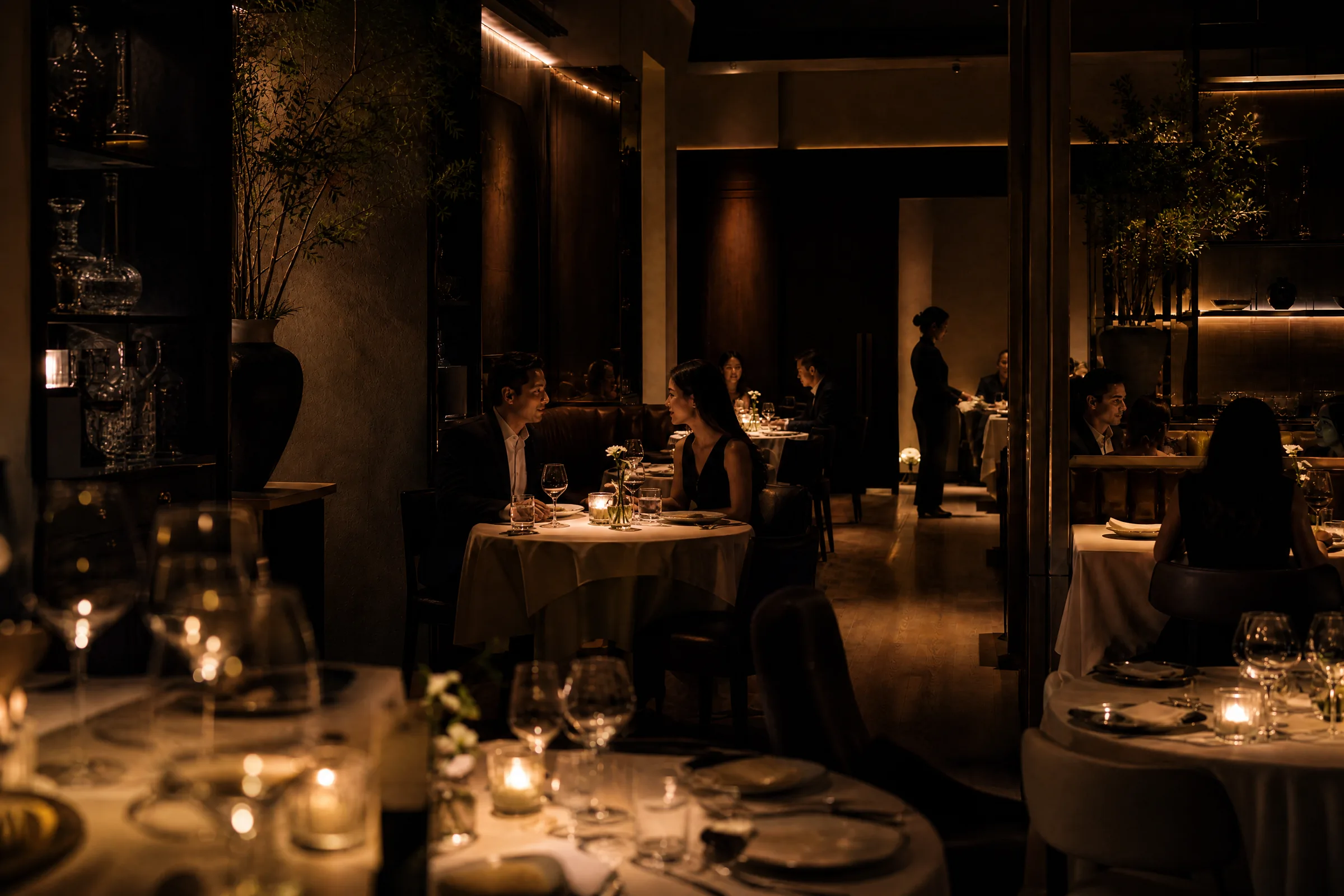 A candlelit fine-dining room at evening service, warm and low-lit.