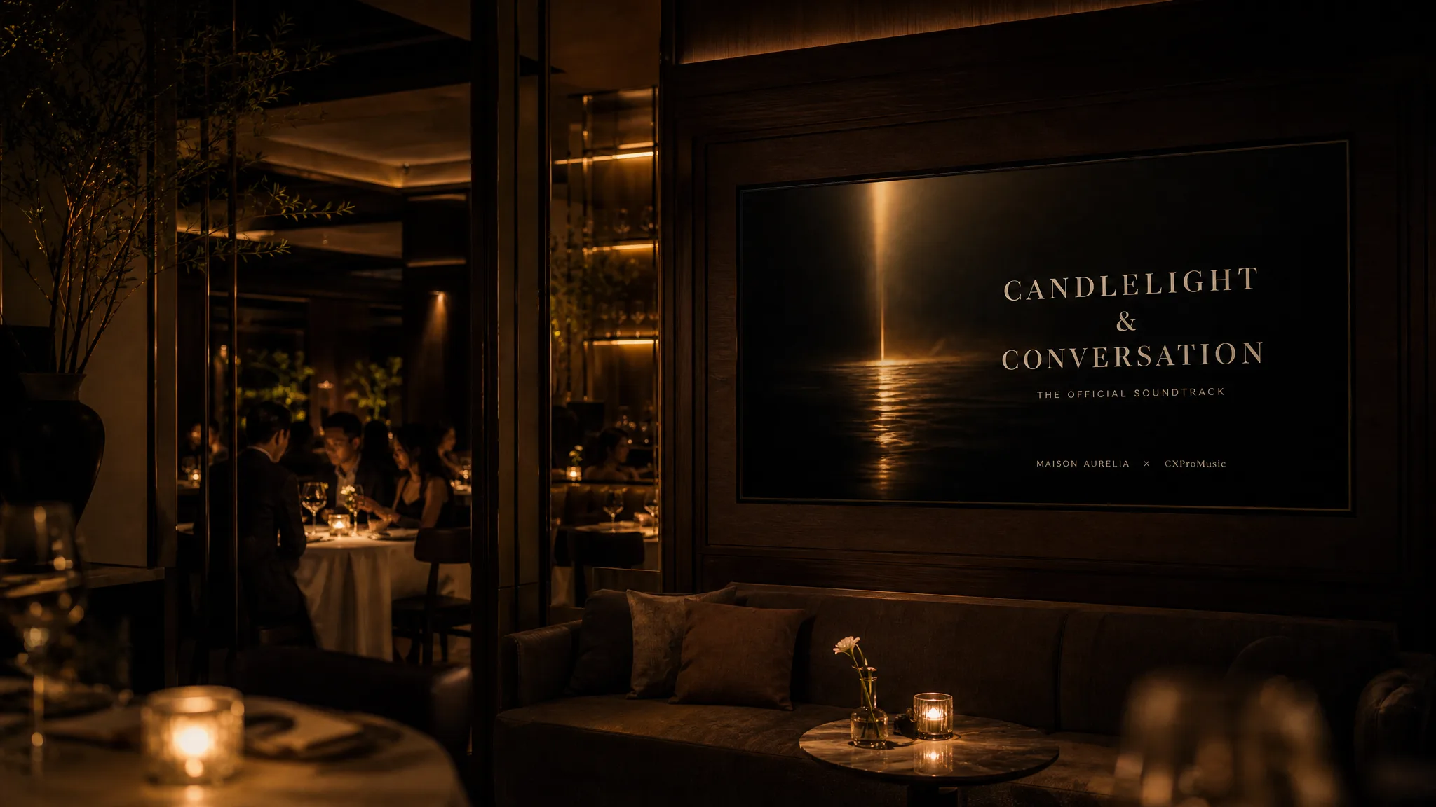 A lounge wall display showing the restaurant soundtrack visual.