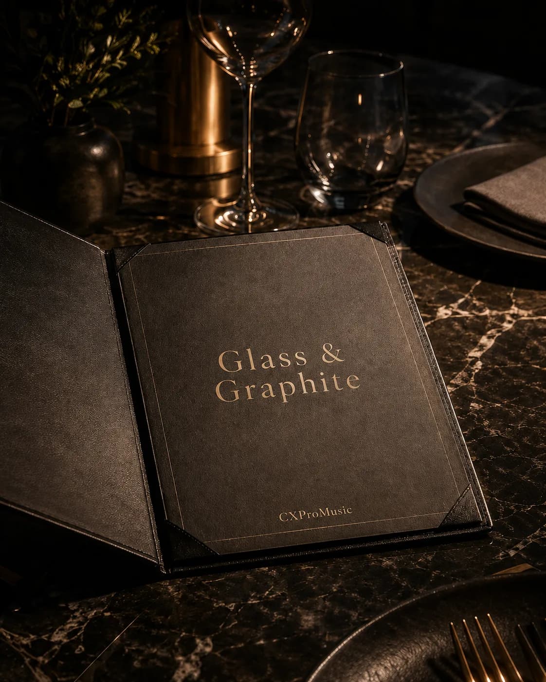 A menu opened to a page naming the restaurant soundtrack.