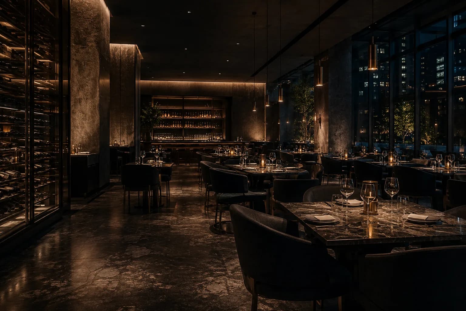 A contemporary restaurant interior in stone, glass and warm metal.