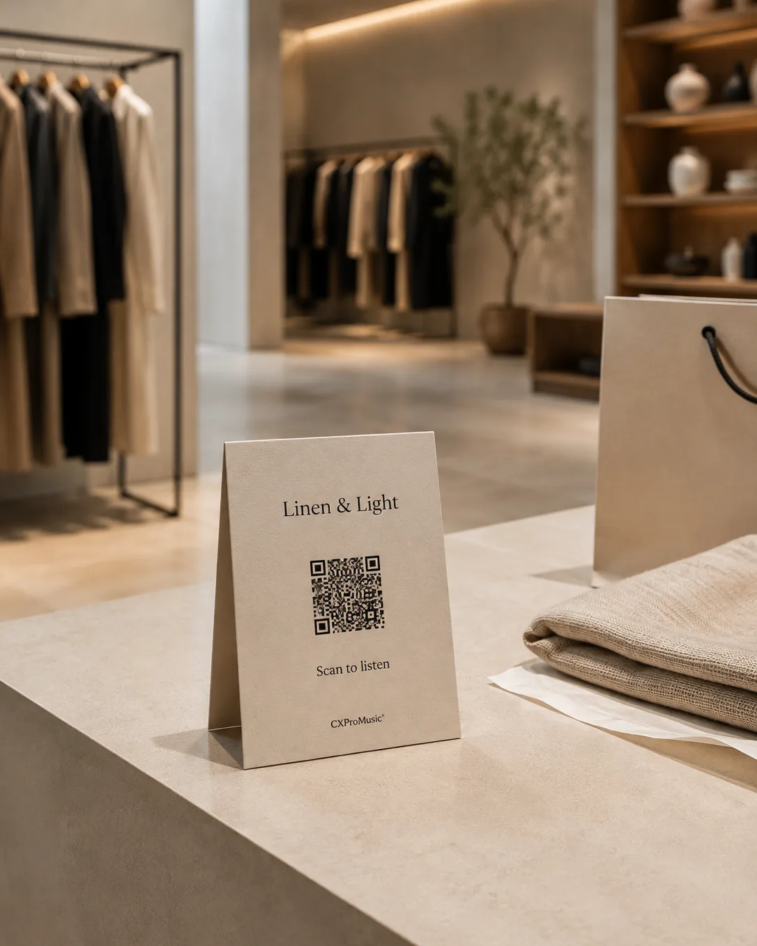A discreet card at the counter inviting customers to the soundtrack.