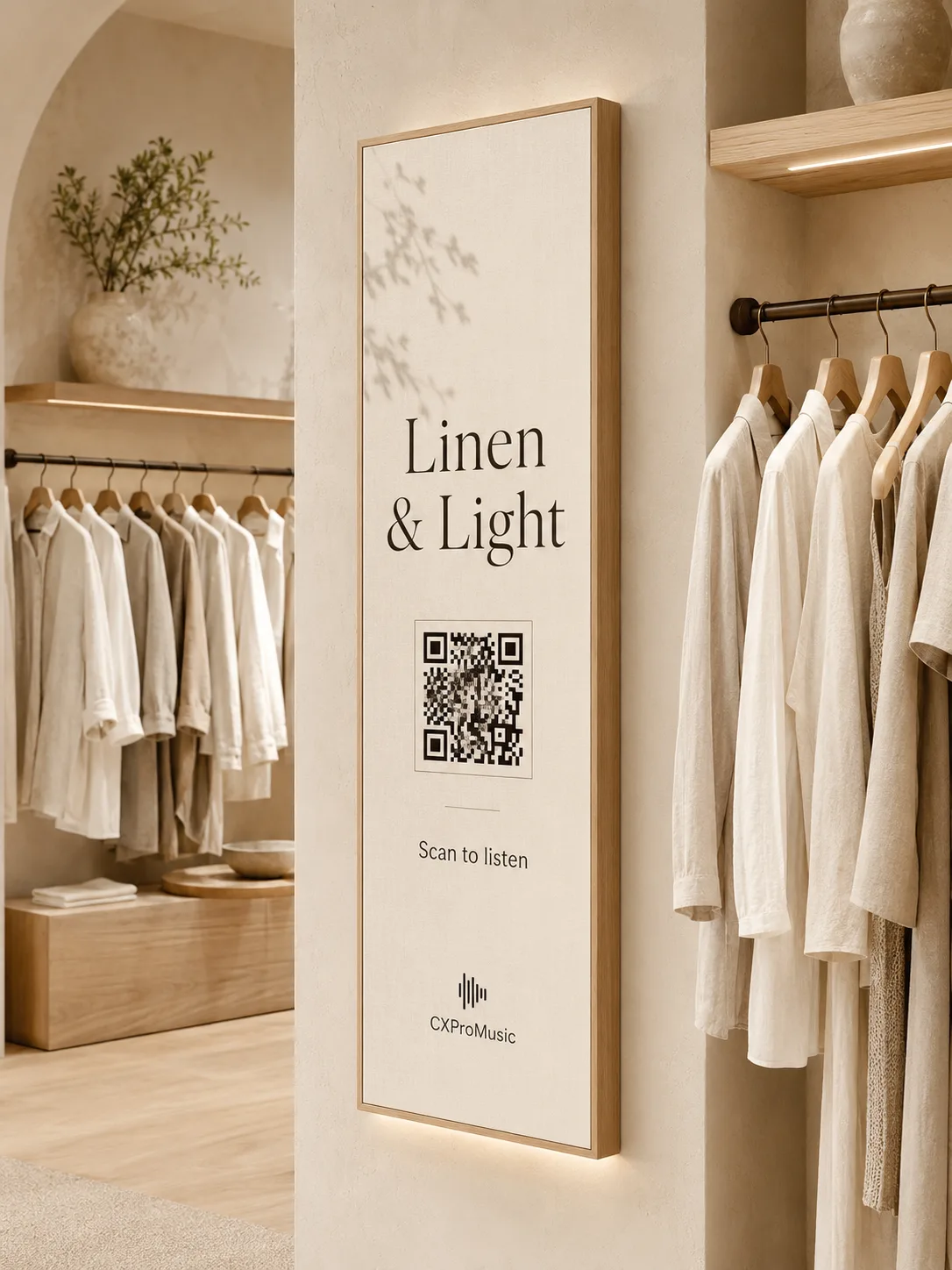 A signature QR banner mounted on the retail floor, beside the rails.