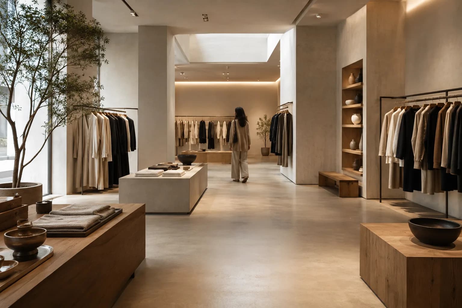 A calm, modern retail floor with considered lighting and open space.