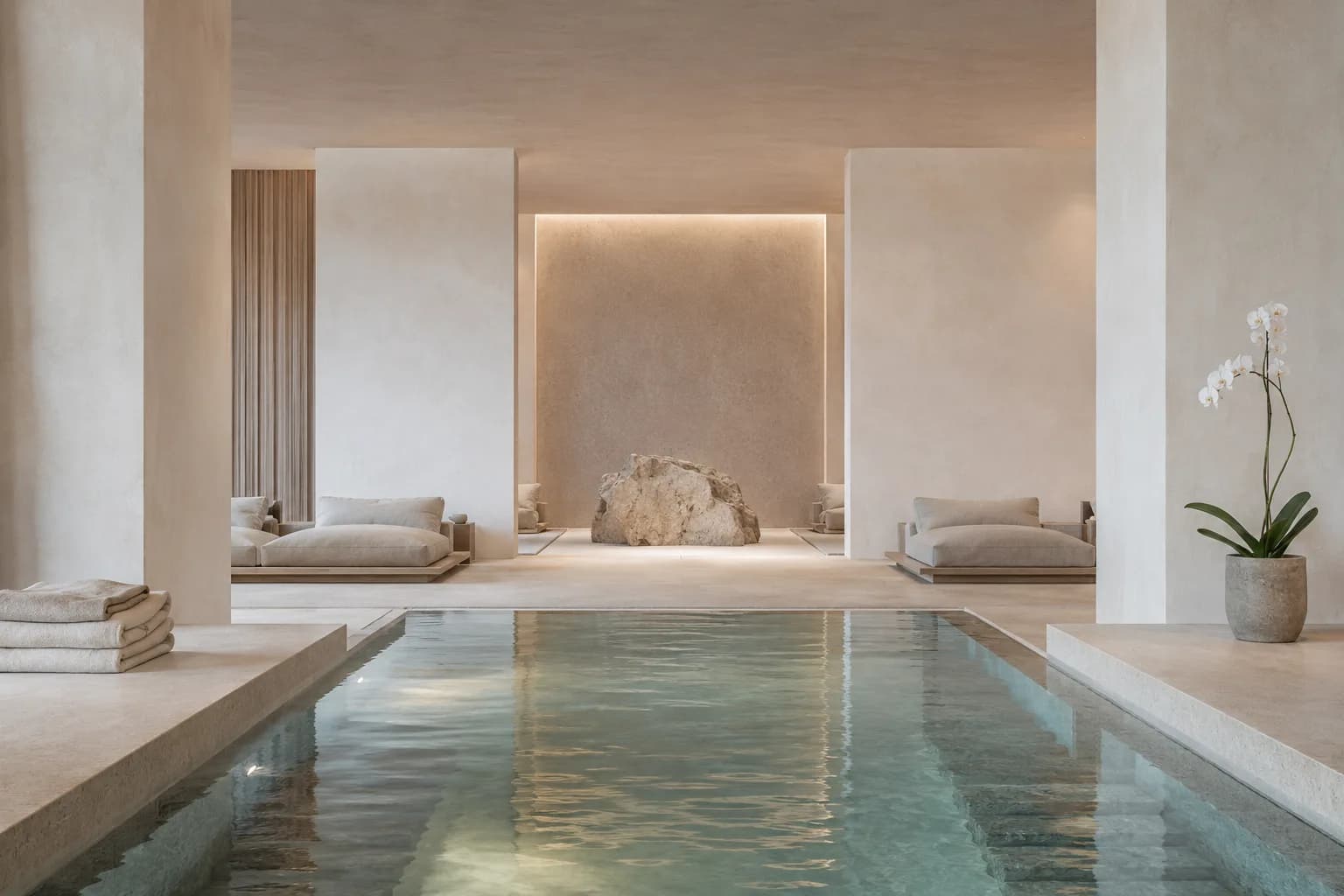 A calm spa interior in natural materials and low, even light.