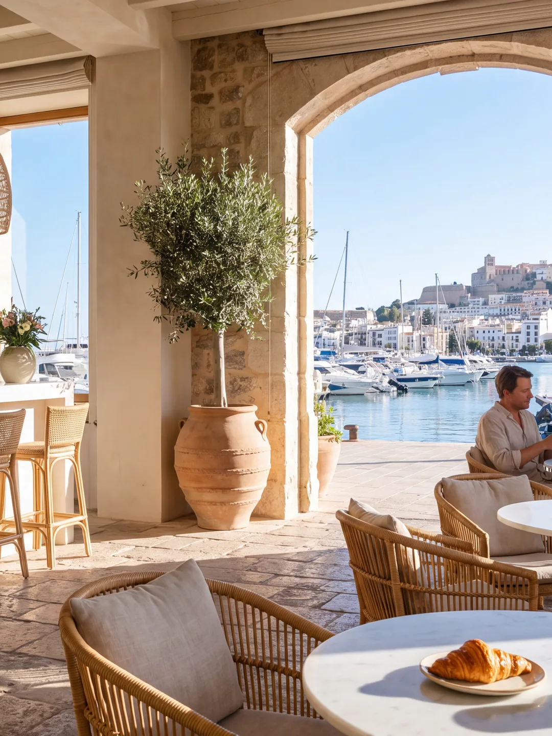 A harbourside restaurant-bar in bright morning light, coffee and pastries on a marble table