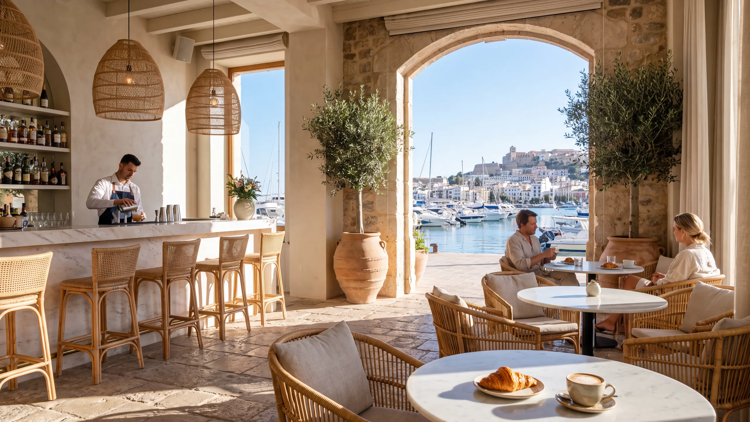 A harbourside restaurant-bar in bright morning light, coffee and pastries on a marble table