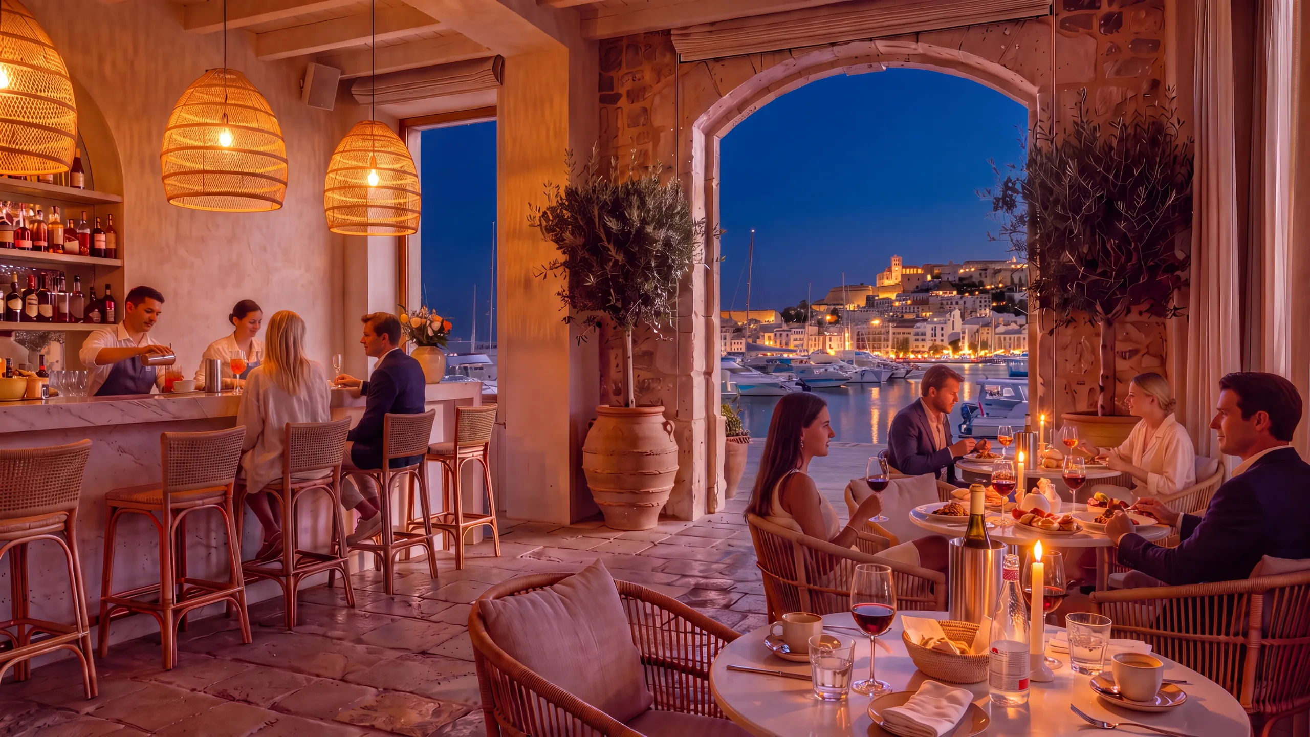 The same room at dinner, candlelit and full, harbour lights behind