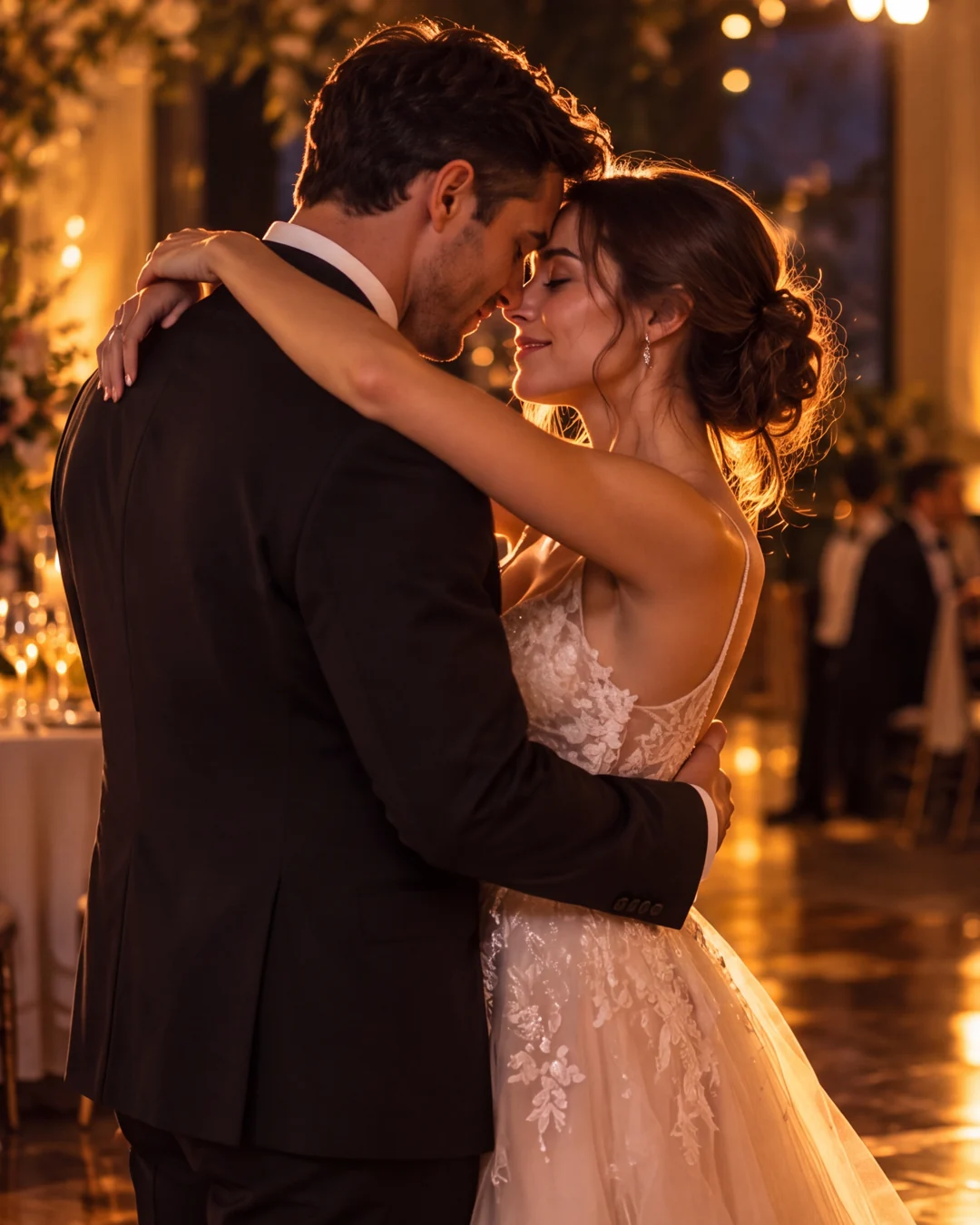 A bride and groom in a slow last dance, foreheads touching, in a candlelit reception room; a few guests linger at the tables and harbour lights glow through tall windows