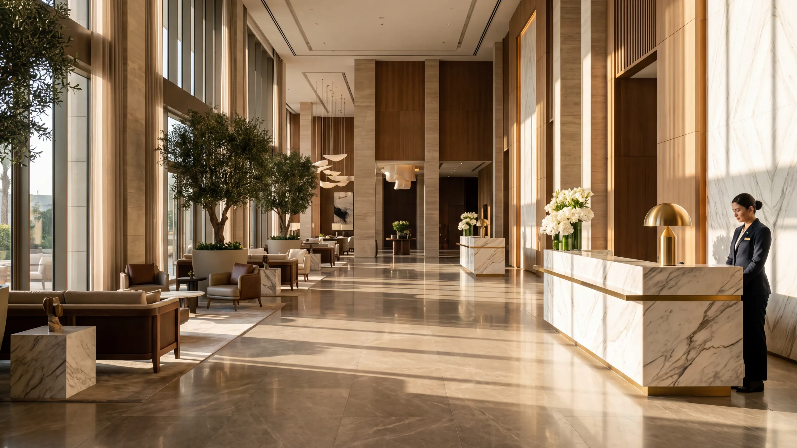 A hotel lobby in morning sun, a marble reception desk at the far end