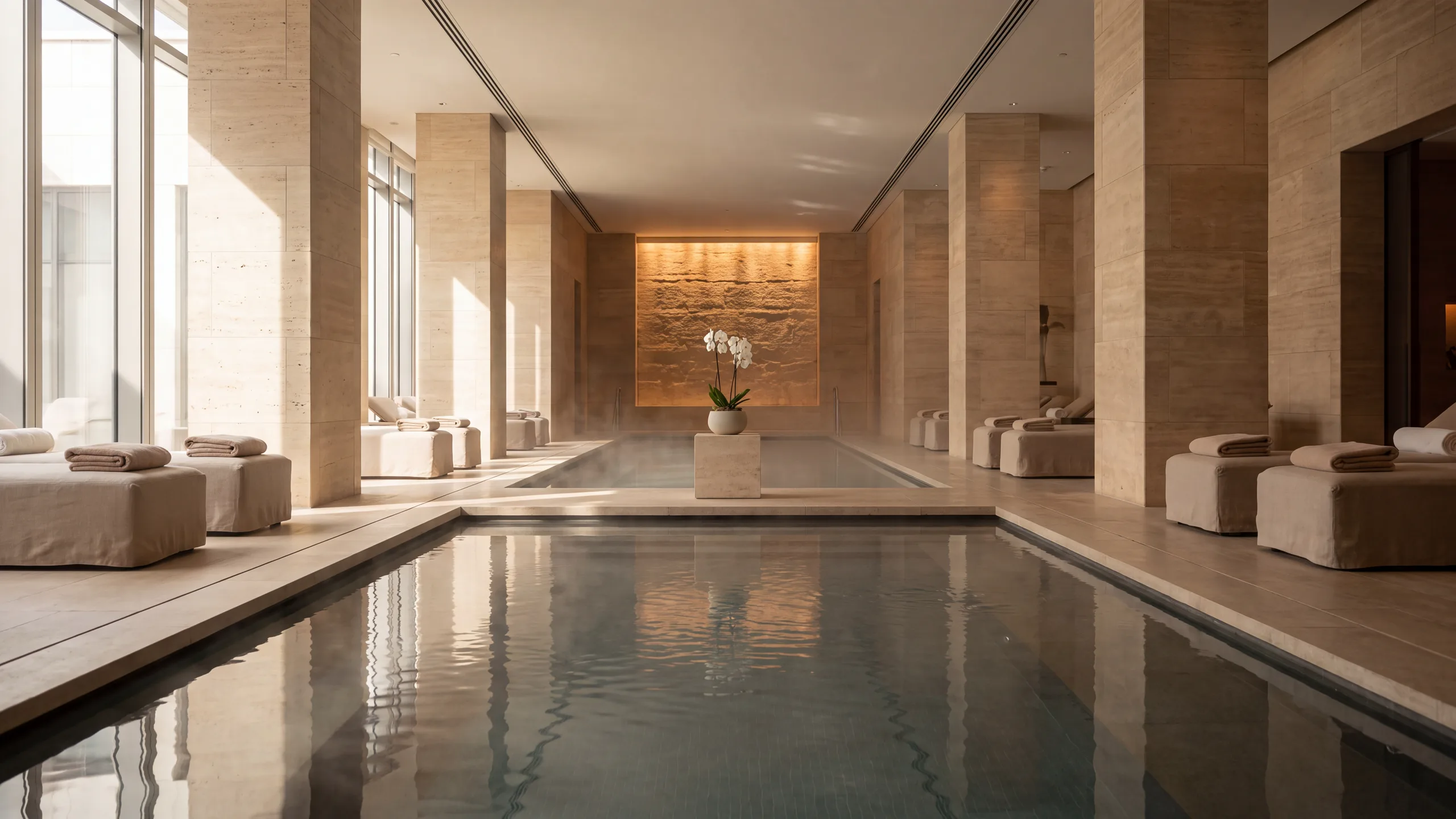 A still spa pool in soft morning light, stone walls and folded towels