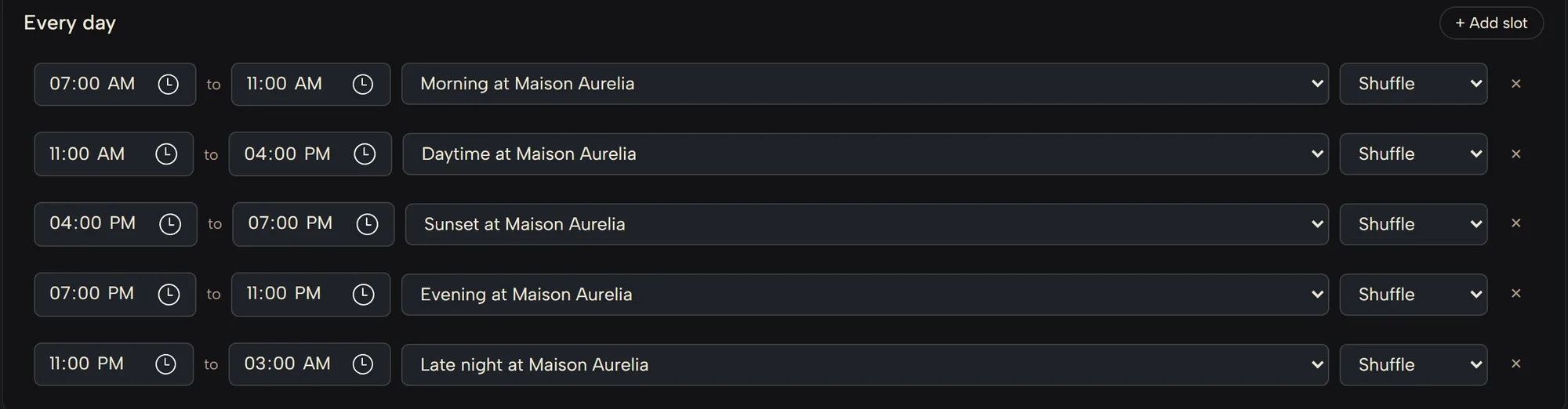 The daily schedule for one zone: 7 AM Morning, 11 AM Daytime, 4 PM Sunset, 7 PM Evening and 11 PM Late night at Maison Aurelia, each slot with its own playlist