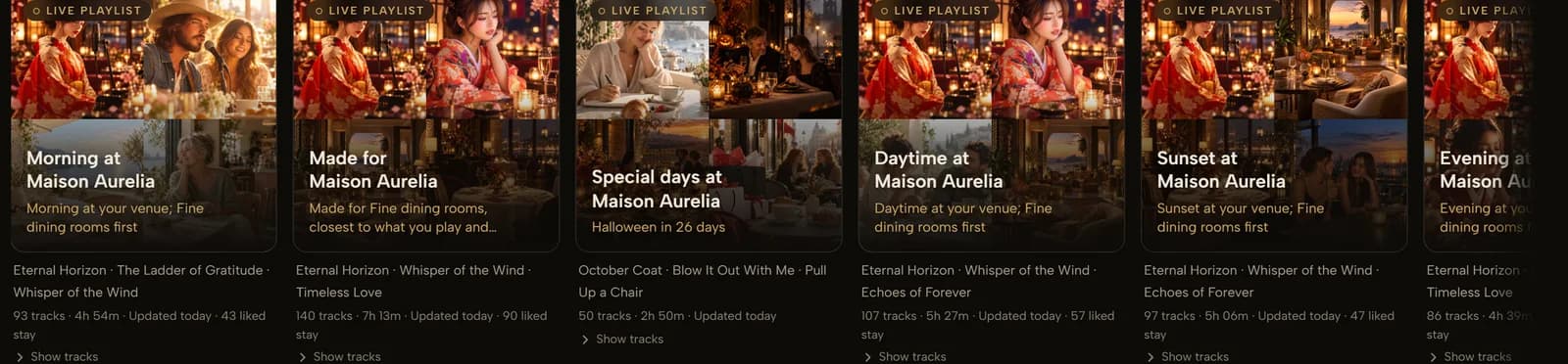 Browse: the venue’s Live Playlists — Morning, Made for, Special days, Daytime, Sunset, Evening at Maison Aurelia.