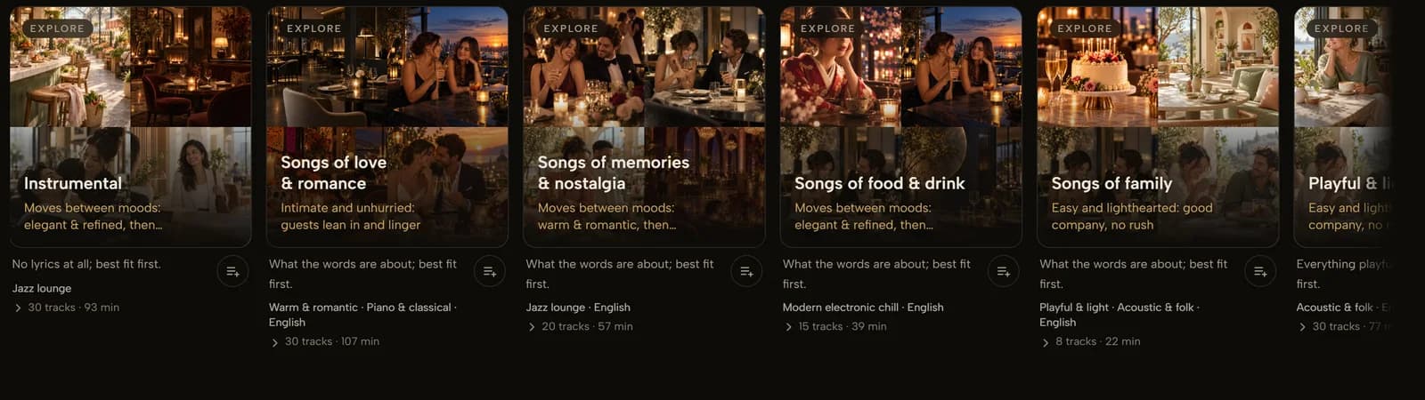 Browse: something different — Instrumental, songs of love & romance, of memories, of food & drink, of family.