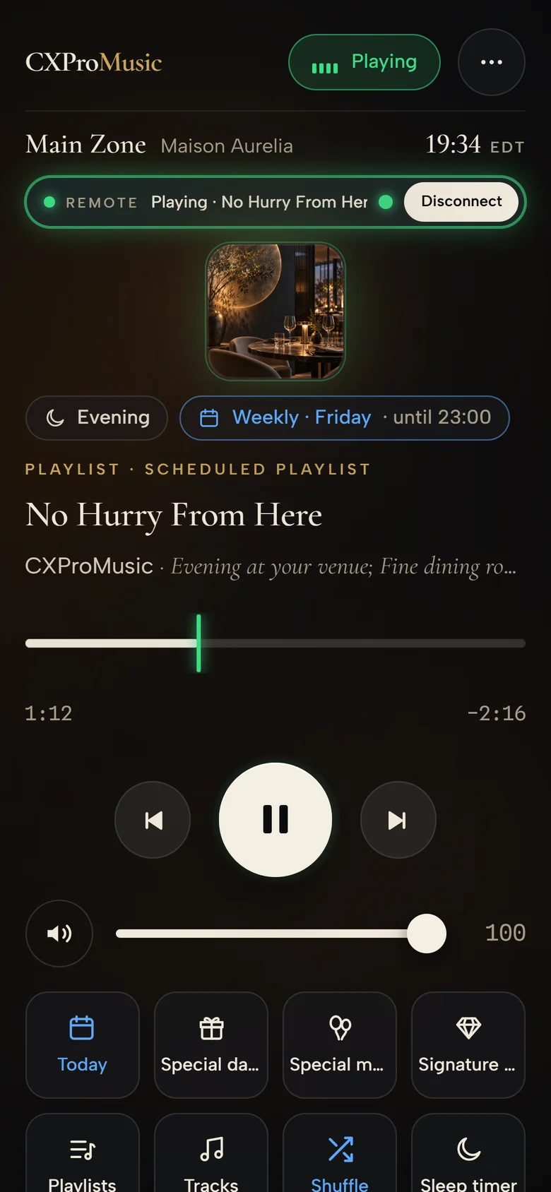 The CXProMusic remote on a phone, controlling Main Zone: the track playing, previous, pause, next and volume.