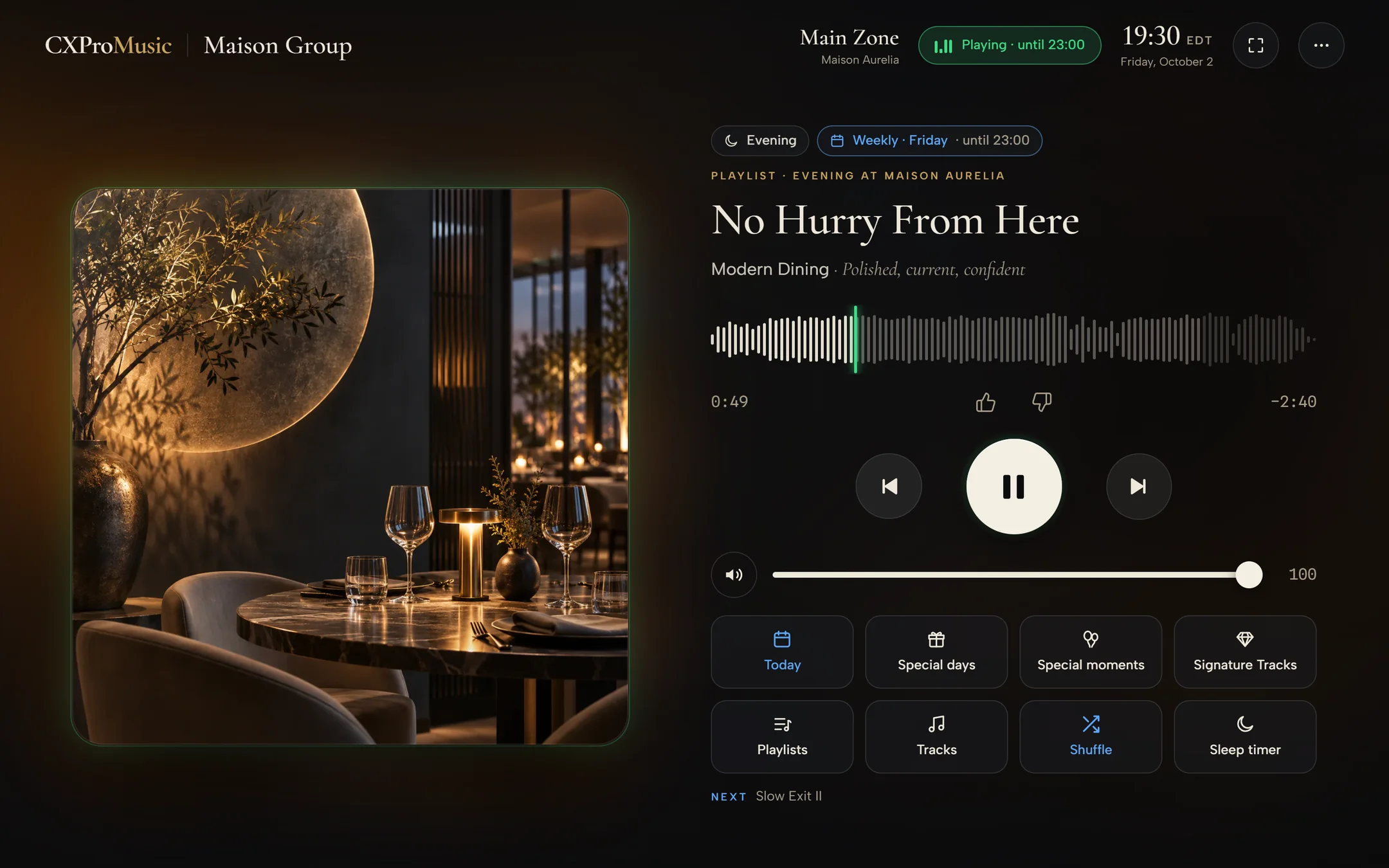The Venue Player in full screen: the track now playing on the weekly schedule, its waveform, thumbs, transport and volume, and the tiles staff use