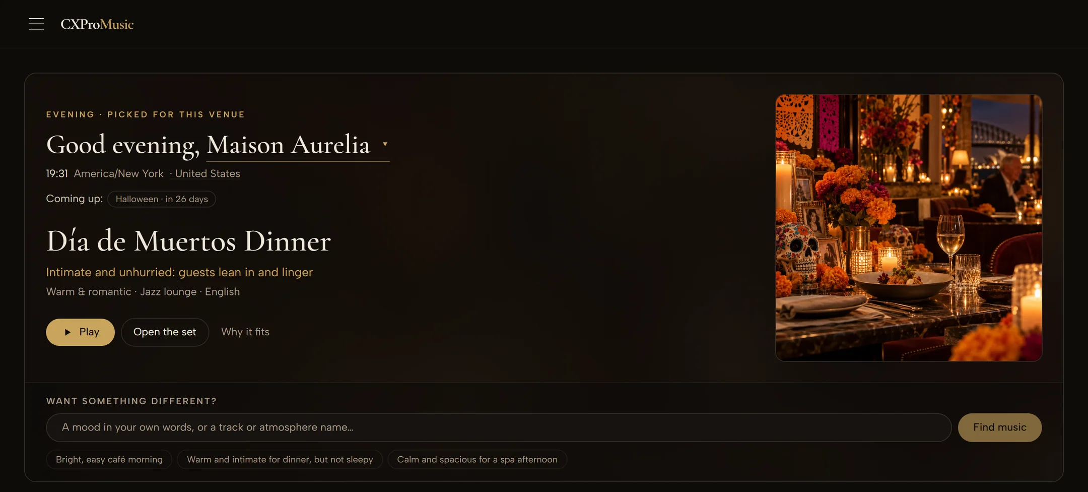 Select’s home screen for Maison Aurelia on a Friday evening: “Good evening”, the recommended set Día de Muertos Dinner with Play, Open the set and Why it fits, and a prompt to describe a different mood