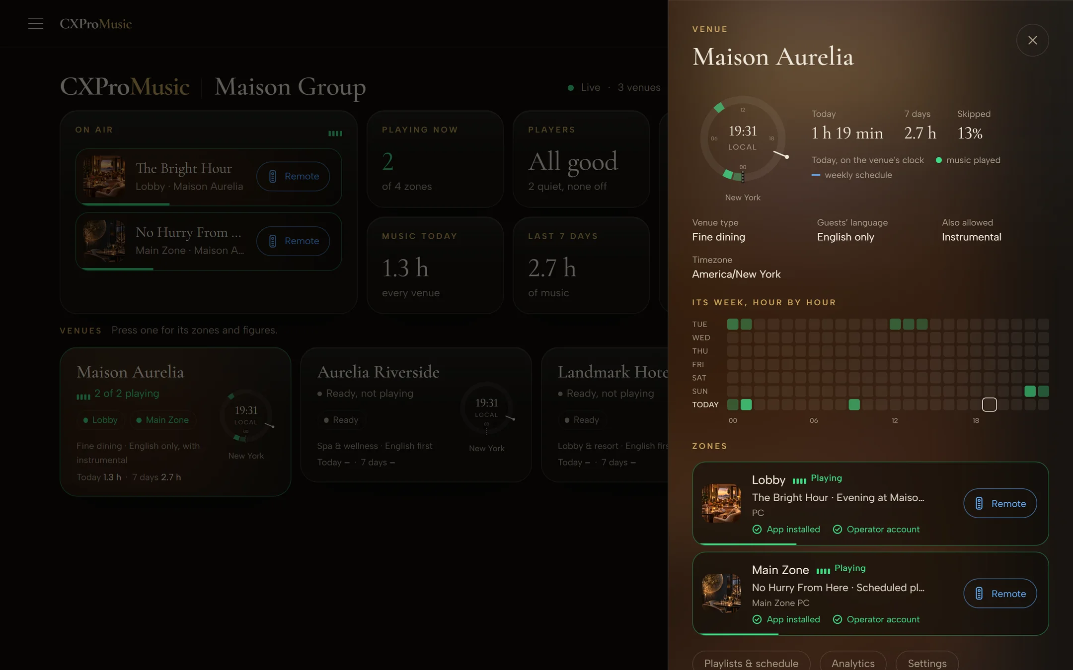 The CXProMusic Portal with Maison Aurelia open: its two zones, Lobby and Main Zone, both playing, each with a Remote button