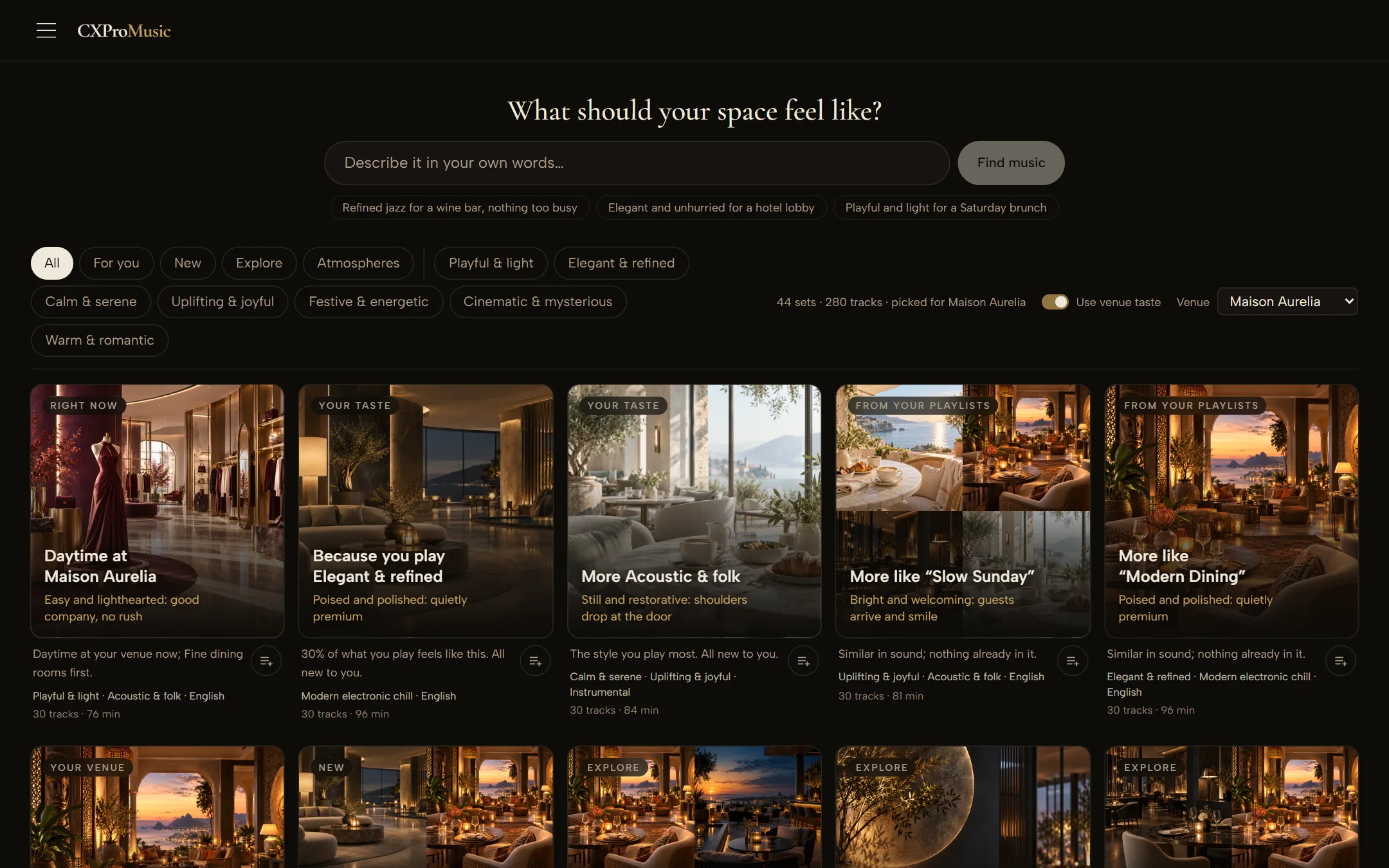 The CXProMusic Browse screen: a describe-your-space search above rows of atmospheres chosen for the venue