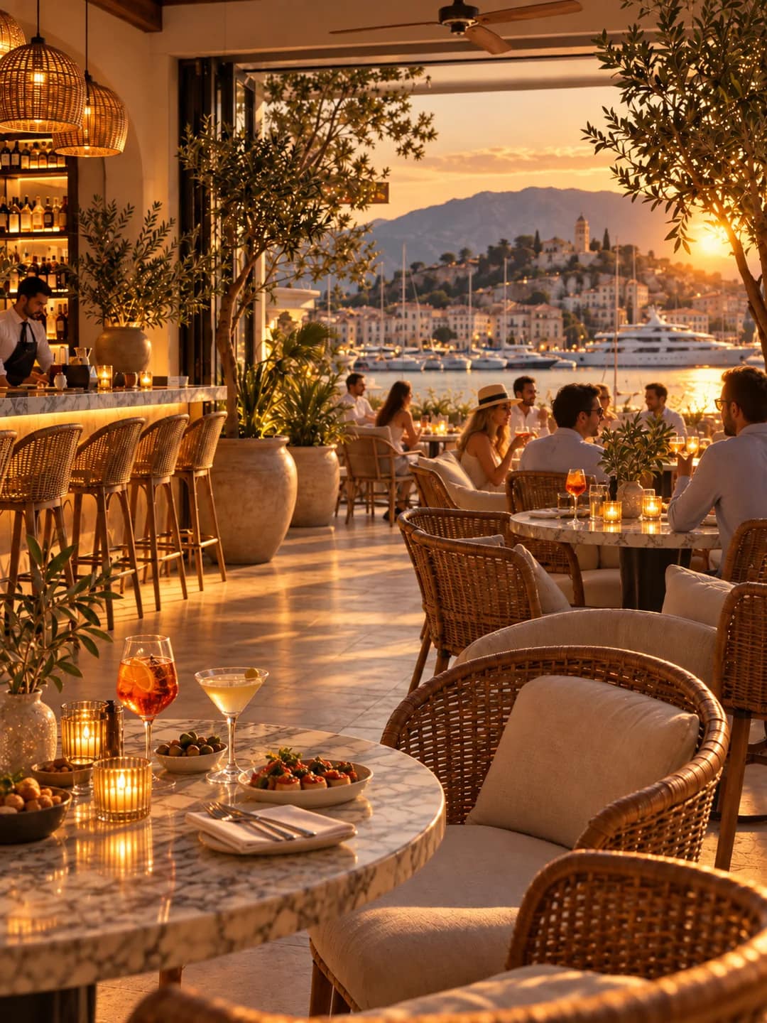 A venue at dusk, lamps just on