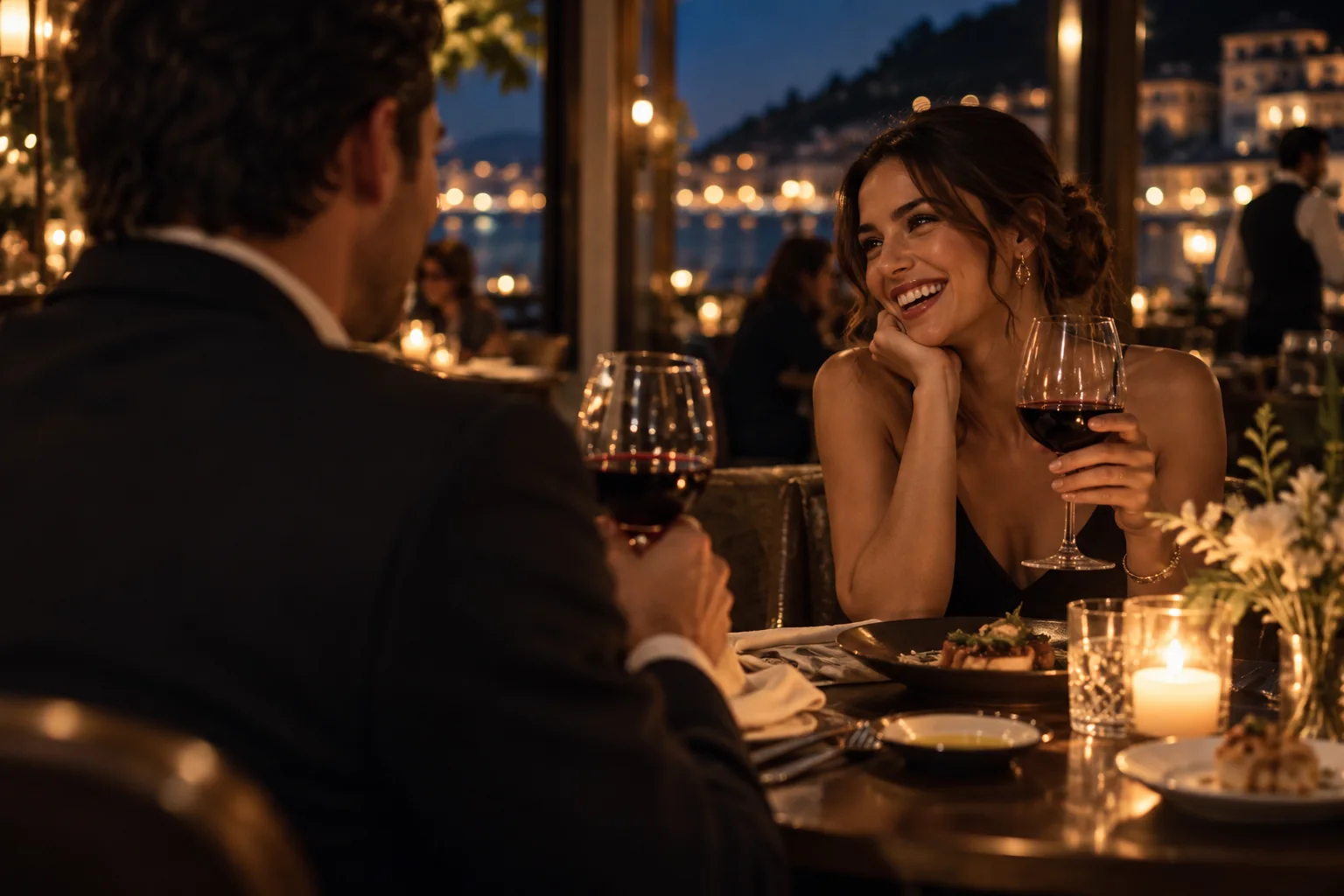 A couple laughing over wine at a candlelit table