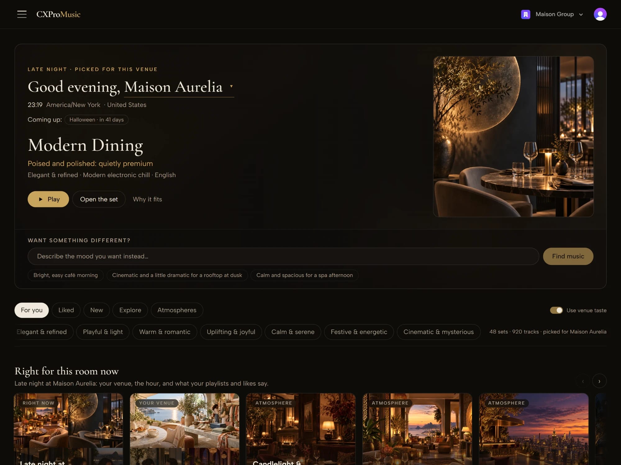 Select’s home screen for Maison Aurelia late at night: “Good evening”, the recommended set Modern Dining with Play, Open the set and Why it fits, and a prompt to describe a different mood