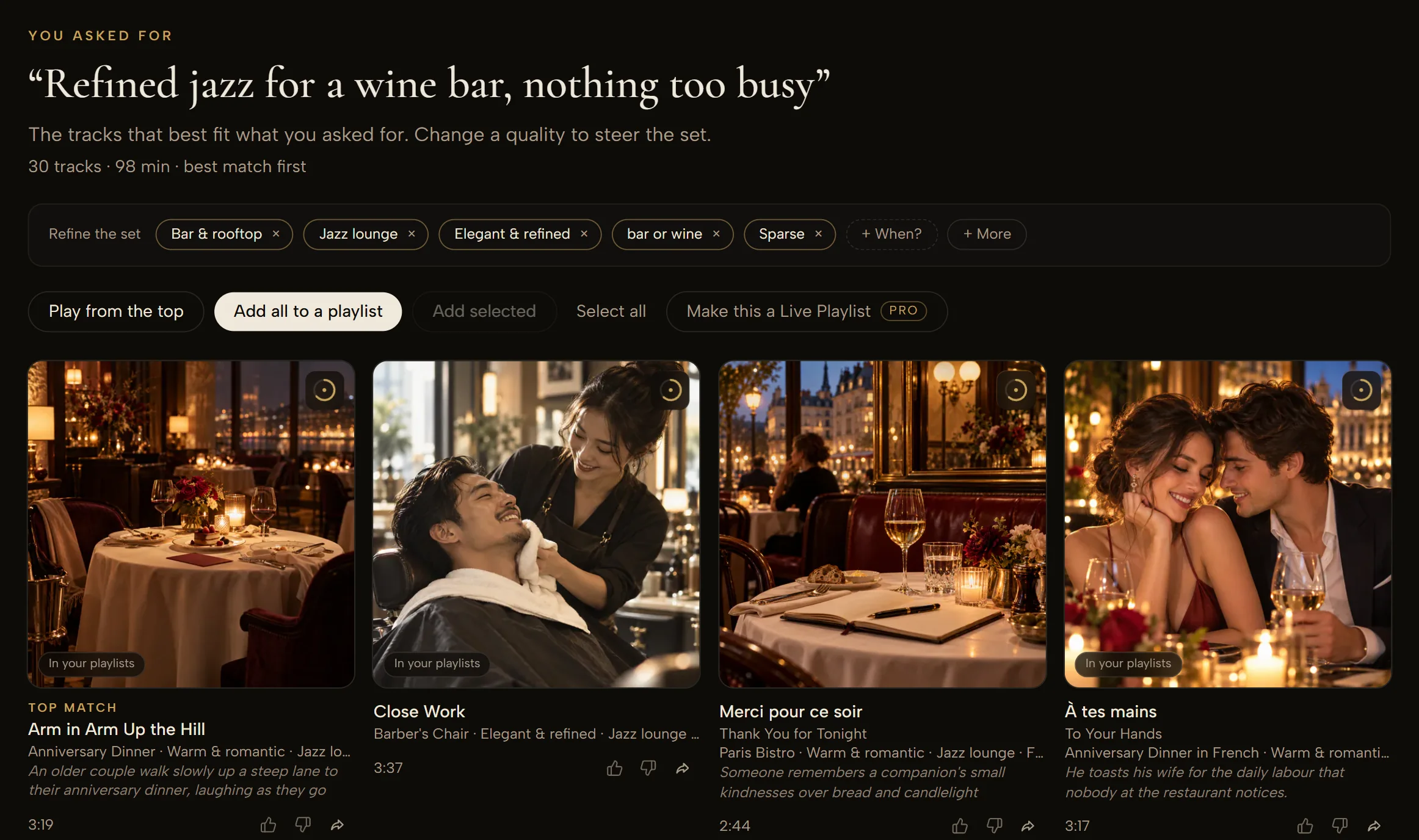 Browse after typing “Refined jazz for a wine bar, nothing too busy”: “Refine the set” with the qualities Bar & rooftop, Jazz lounge, Elegant & refined, bar or wine, Sparse; the “Make this a Live Playlist” button, marked Pro; and the first row of matching tracks