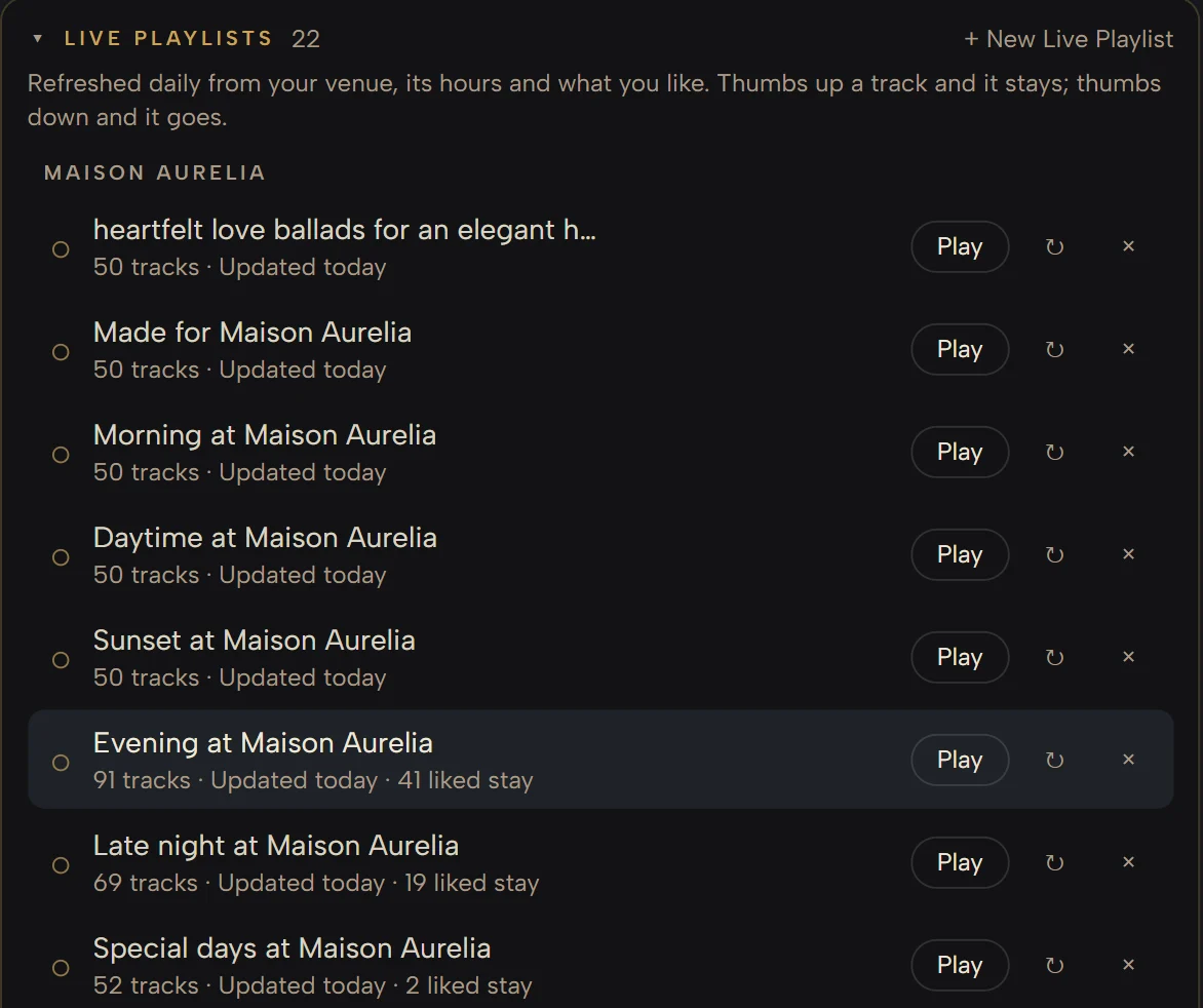 The Player’s Live Playlists for Maison Aurelia: Made for Maison Aurelia, Morning, Daytime, Sunset, Evening, Late night and Special days, each “Updated today”, with Play and Refresh