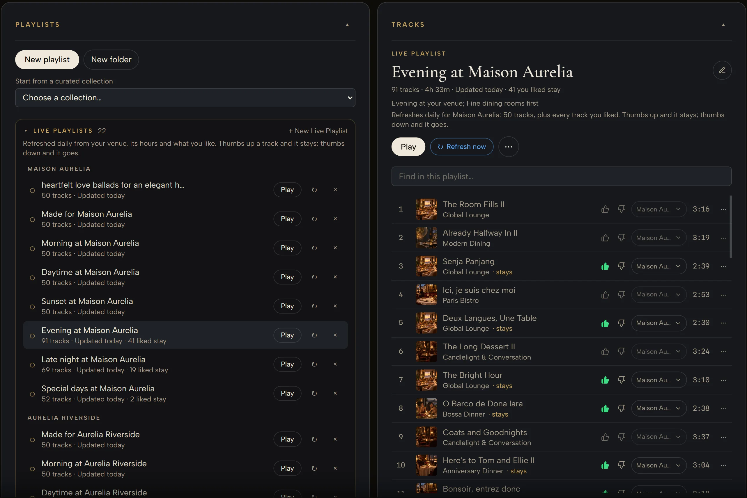 The Player’s Live Playlists for Maison Aurelia beside the open “Evening at Maison Aurelia” playlist — 91 tracks, updated today, 41 you liked stay — with Play, Refresh now and thumbs on every track