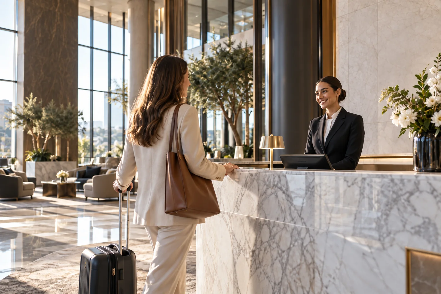 A guest welcomed at a hotel reception desk