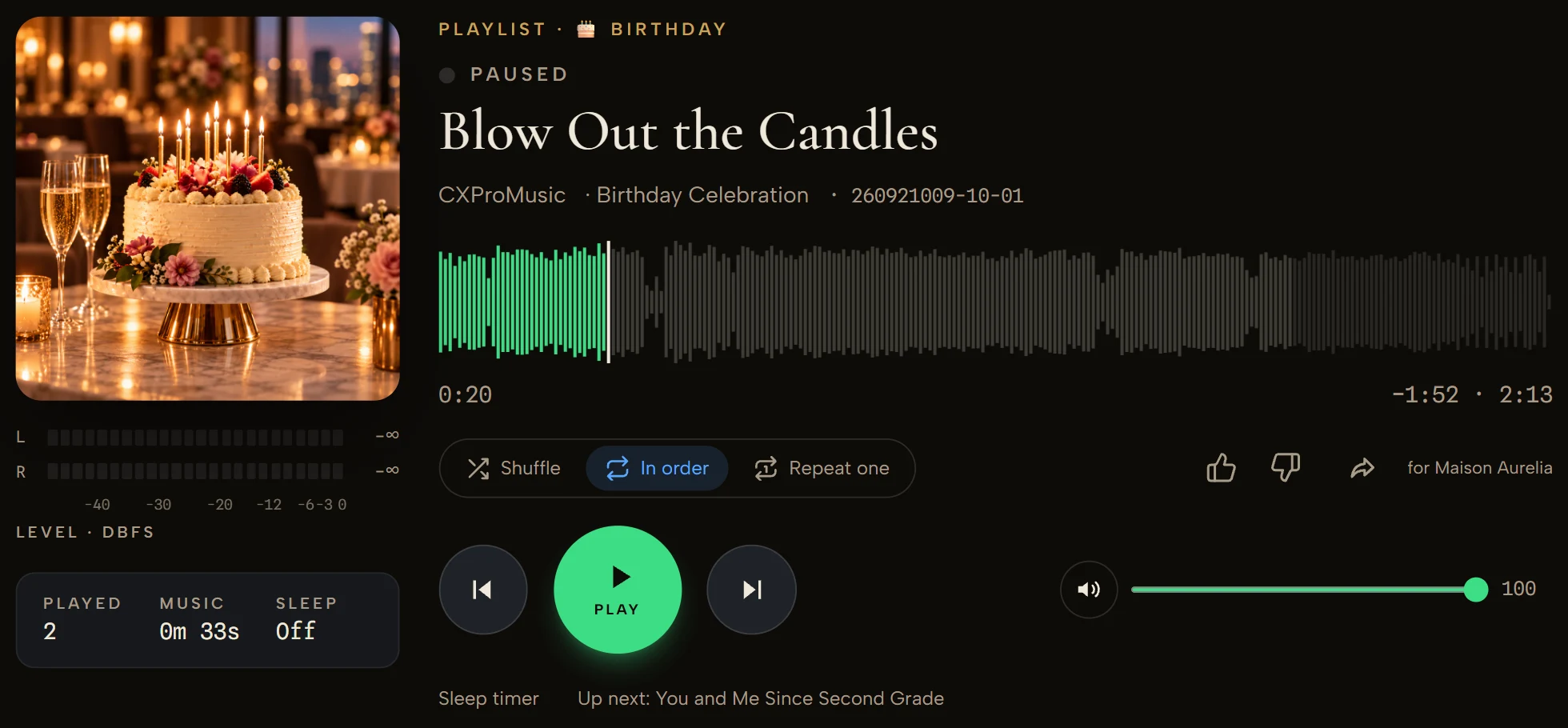 The Player mid-occasion: the Birthday playlist, “Blow Out the Candles” by CXProMusic, a birthday cake on the cover, waveform, previous, play, next and volume