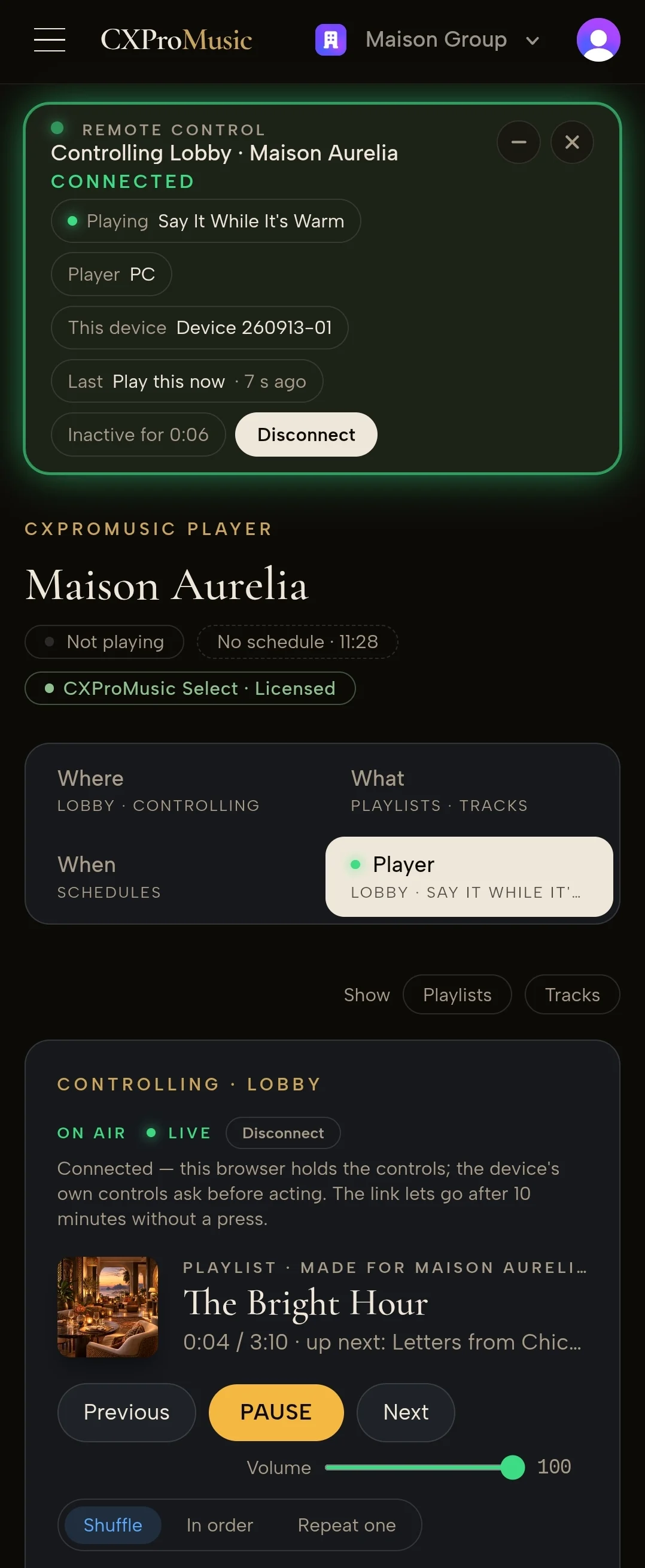 The CXProMusic remote on a phone, connected to the Lobby at Maison Aurelia: “Remote control · Controlling Lobby · Connected”, the track playing, then Previous, Pause, Next and the volume