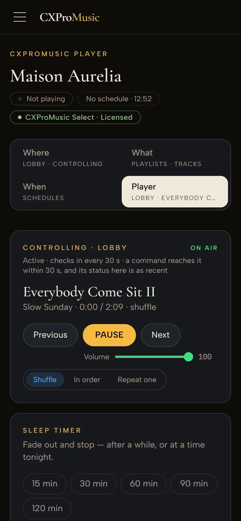 The CXProMusic remote on a phone, controlling the lobby zone
