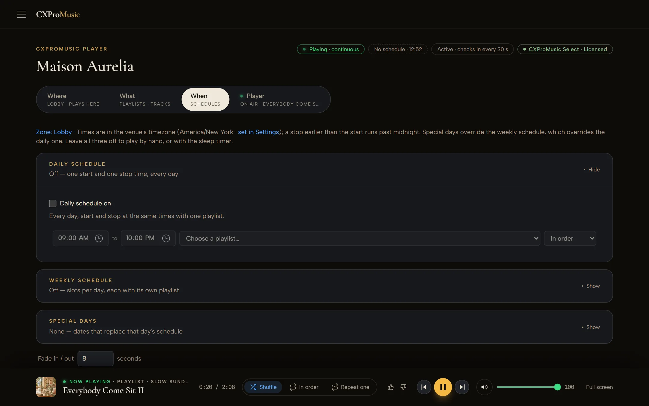 The CXProMusic scheduler: a daily schedule, a weekly schedule and special days for one zone