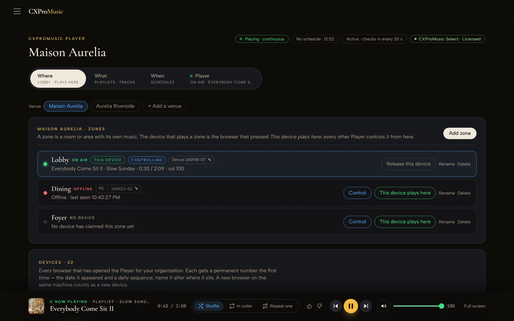 The CXProMusic zones view: three zones of one venue, each with its own player and status