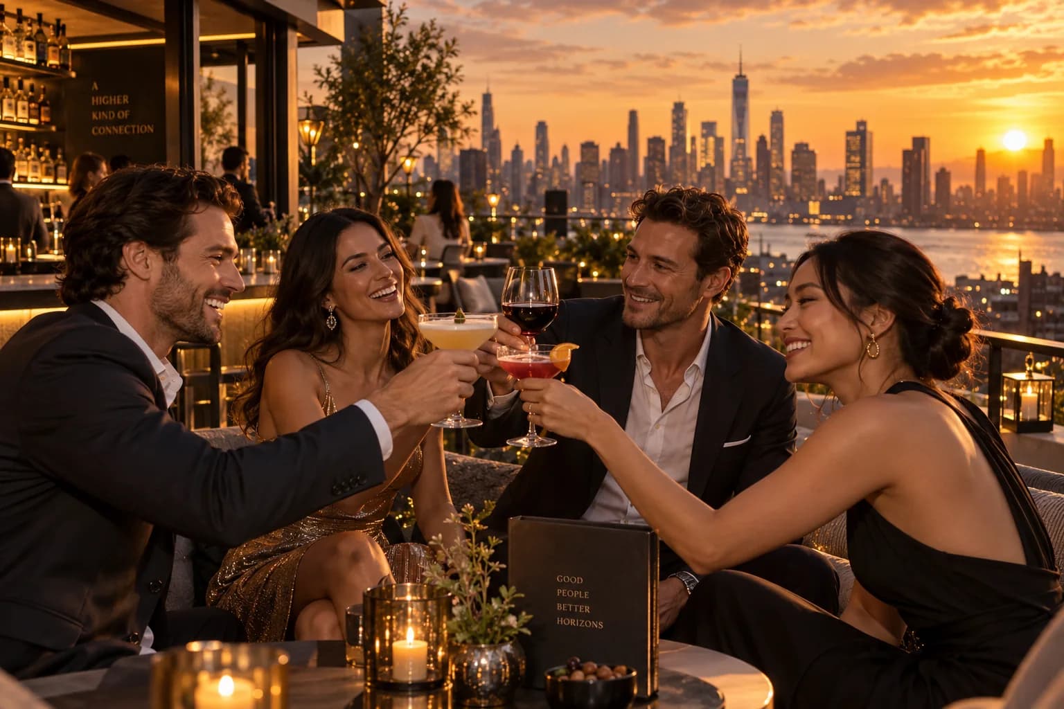 Guests on a rooftop bar at sunset
