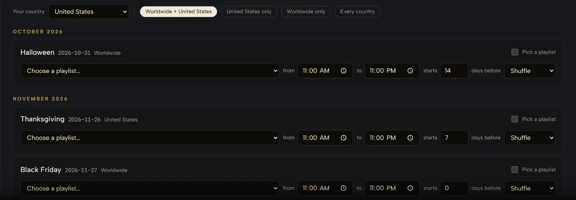 Holidays & special days in the scheduler, filtered to Worldwide + United States: Halloween (worldwide), Thanksgiving (United States) and Black Friday, each with a playlist, hours and the number of days before it starts