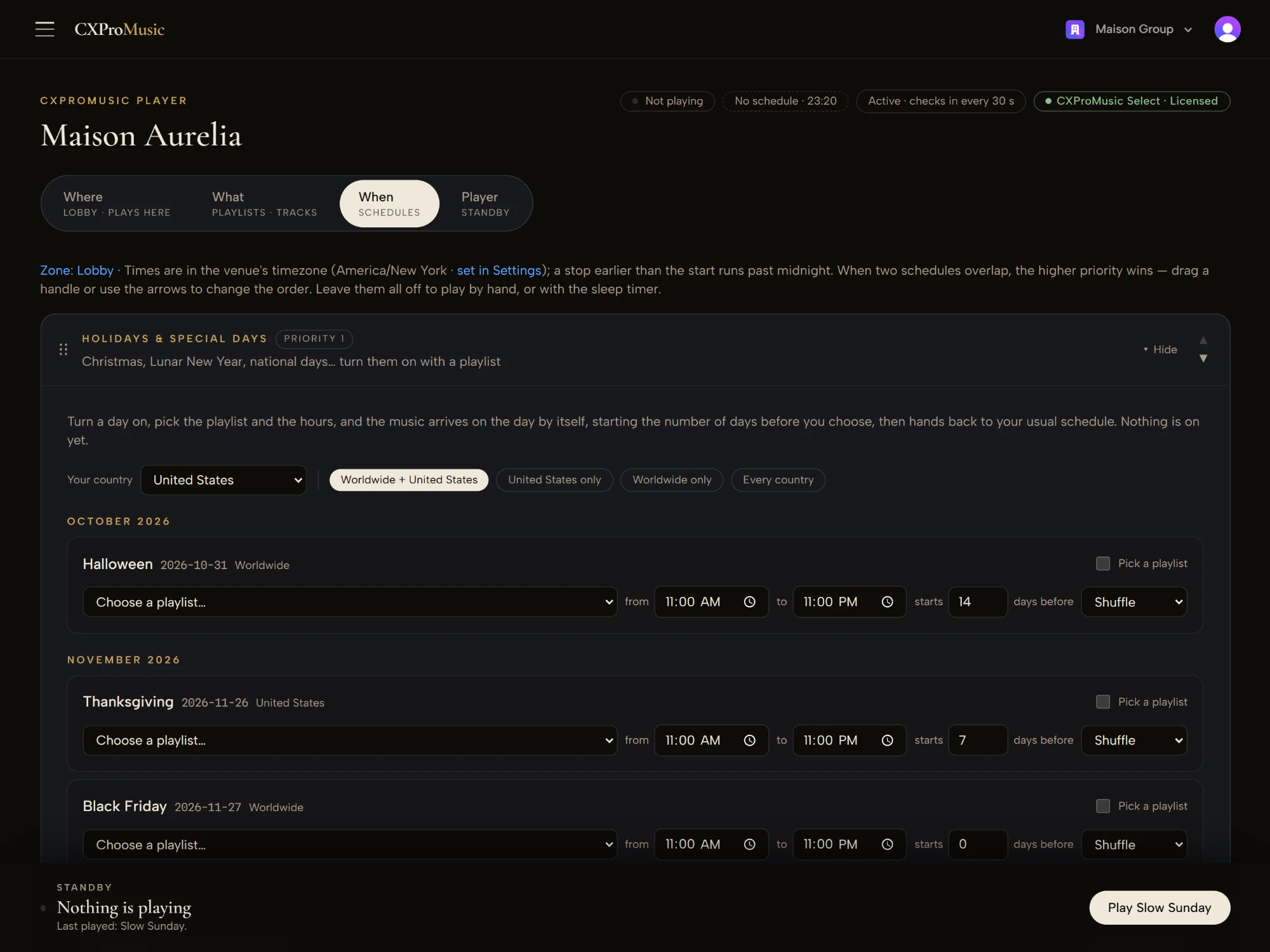 Select’s scheduler for the Lobby zone, open on Holidays & special days: Halloween, Thanksgiving and Black Friday, each with a playlist, hours and the number of days before it starts